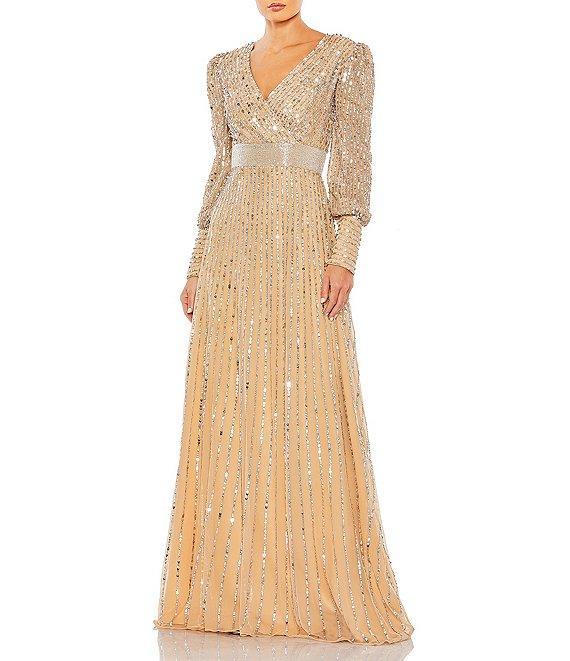 Mac Duggal Sequin Wrap Bodice Long Bishop Sleeve Gown Product Image