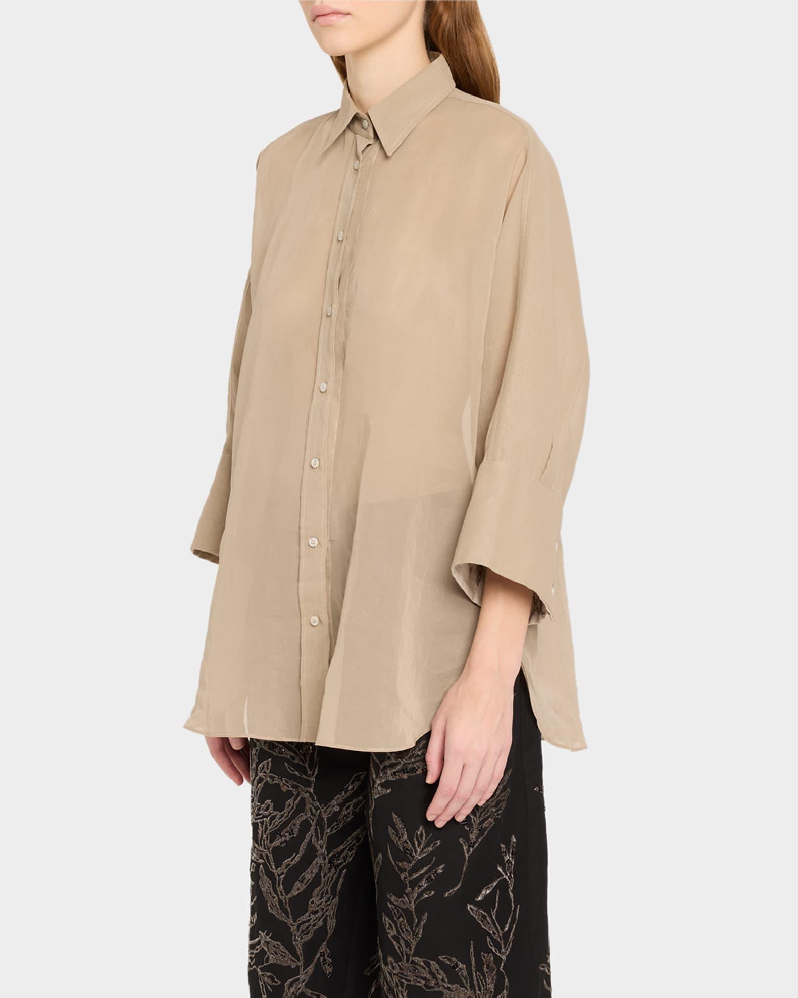 Embroidered-Cuff Cotton Gauze 3/4-Sleeve Shirt Product Image