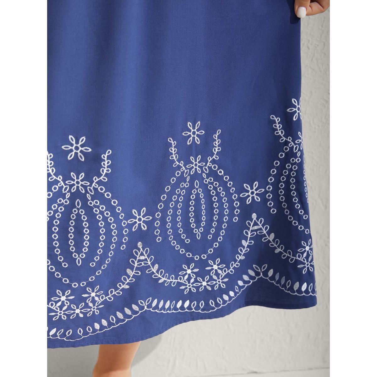 Plus Size Embroidered Hem Stretchy Waist Midi Dress Cerulean Women Non Short sleeve Curvy BloomChic 14-16/1X Product Image