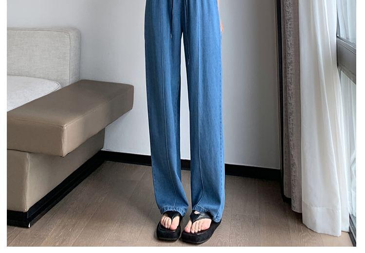 Drawstring Waist Washed Loose Fit Jeans Product Image