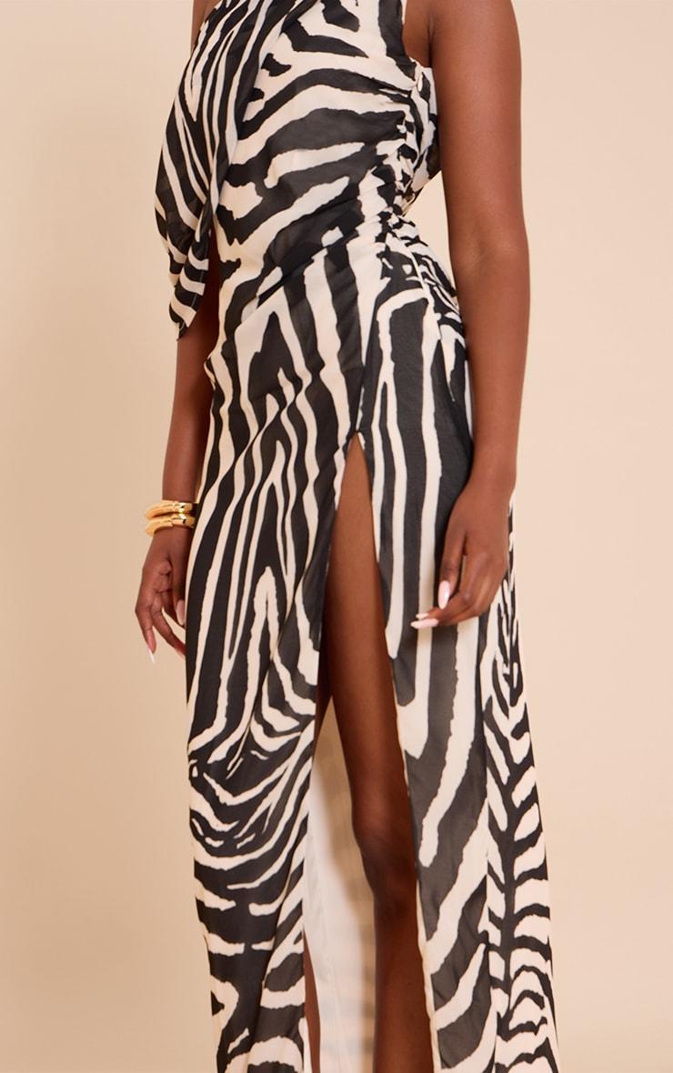 Brown Zebra Printed Chiffon Drape Detail Maxi Dress Product Image