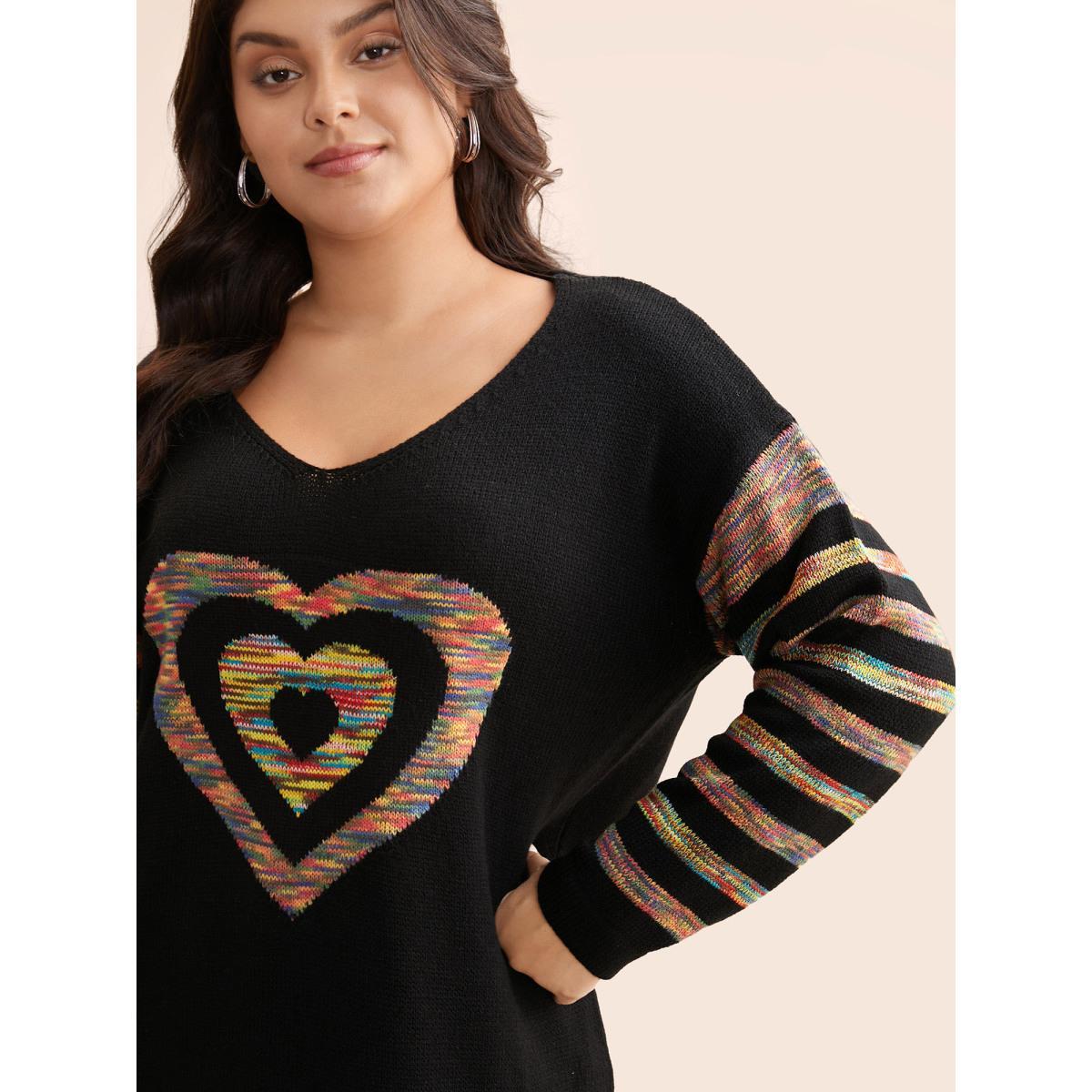 Plus Size Contrast Heart Jacquard Drop Shoulder Pullover Black Women Casual Loose Long Sleeve V-neck Everyday Pullovers BloomChic 22-24/3X Product Image