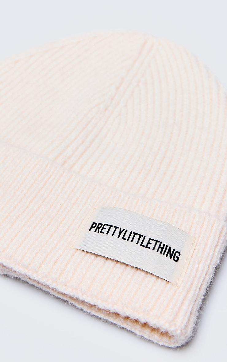 PRETTYLITTLETHING Cream Logo Rib Beanie Product Image