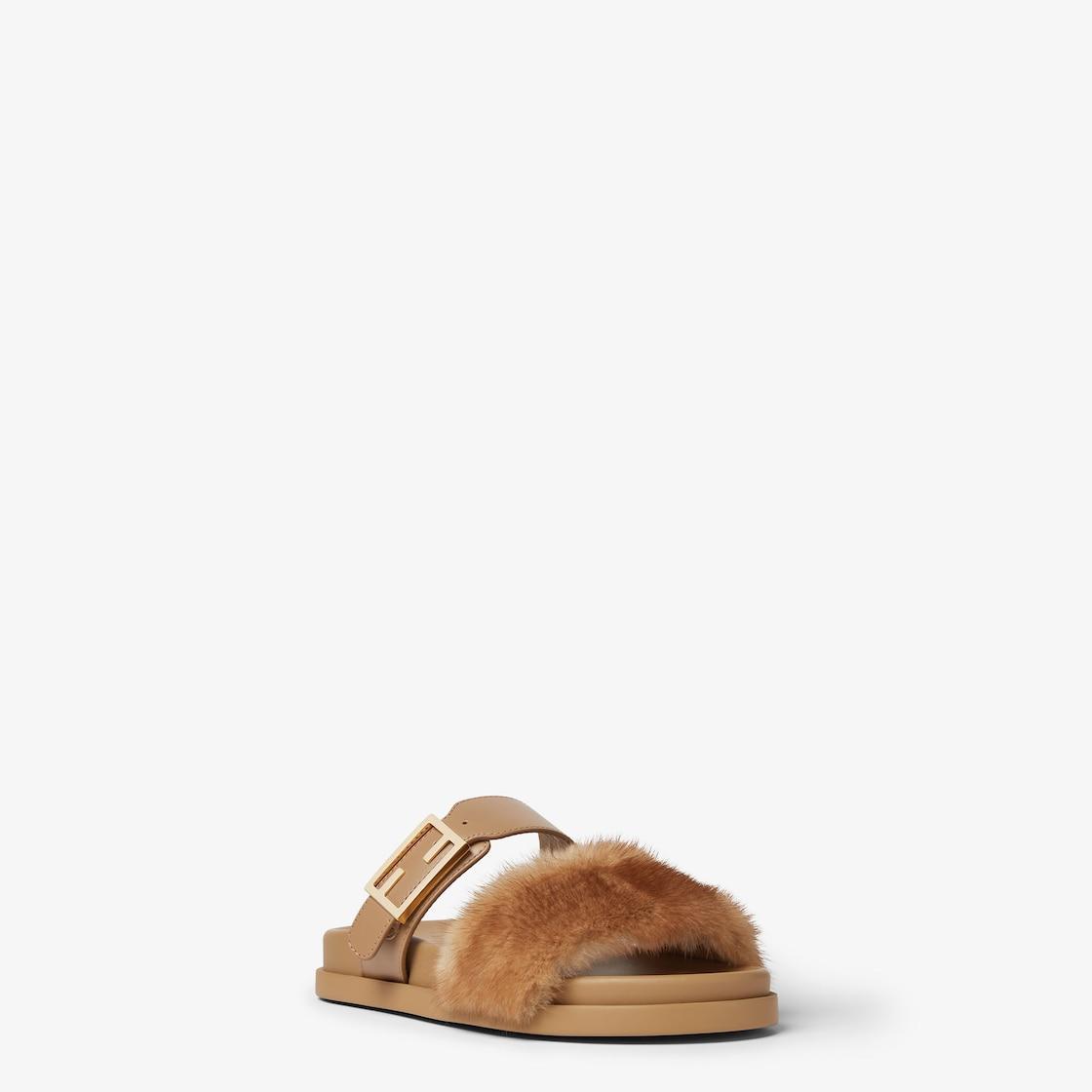Fendi FeelLight brown leather and mink slides Product Image