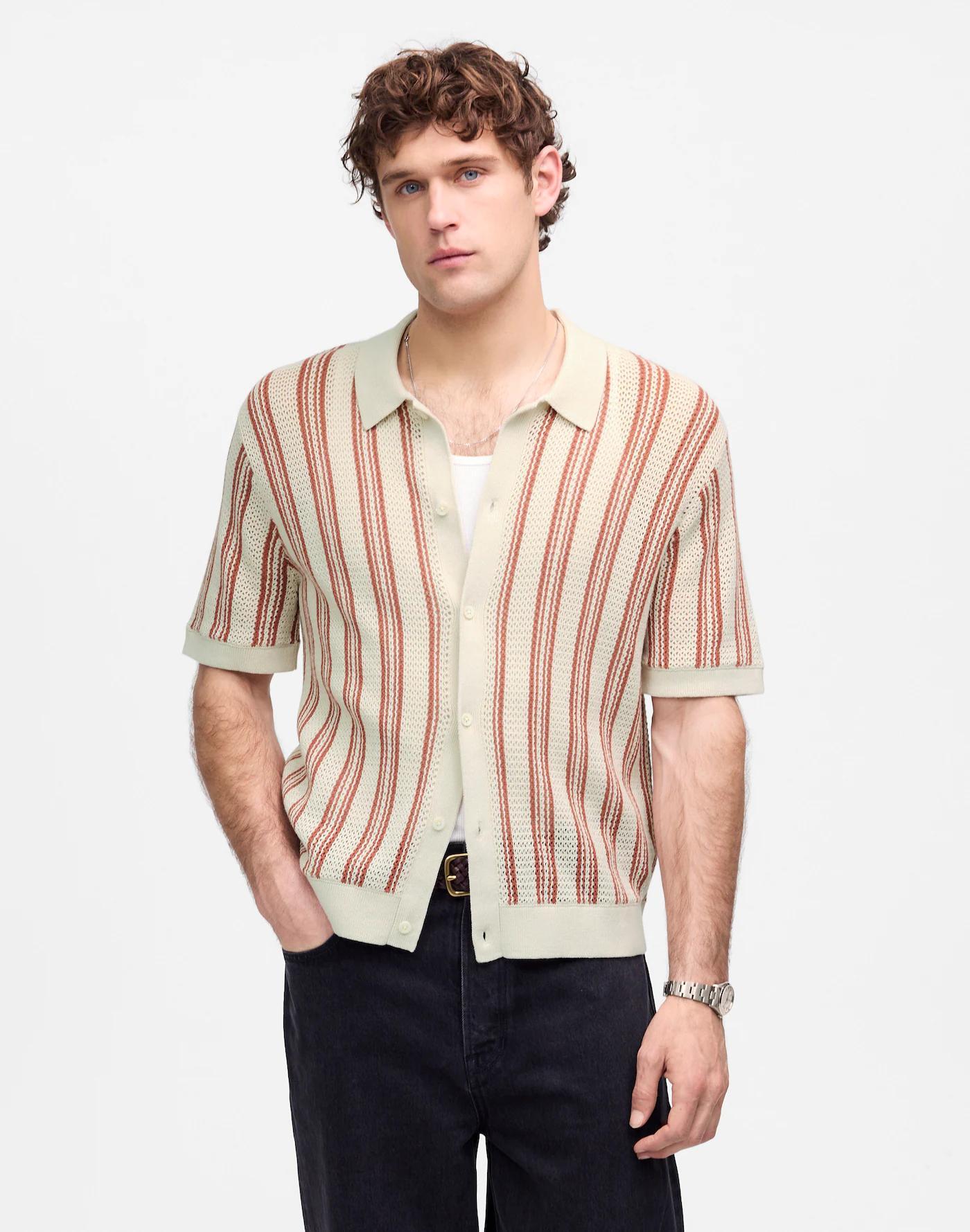 Open-Stitch Button-Up Sweater Polo Product Image