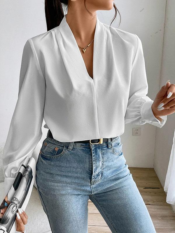 Long Sleeves Loose Pleated Solid Color Split-Joint V-Neck Blouses&Shirts Tops Product Image