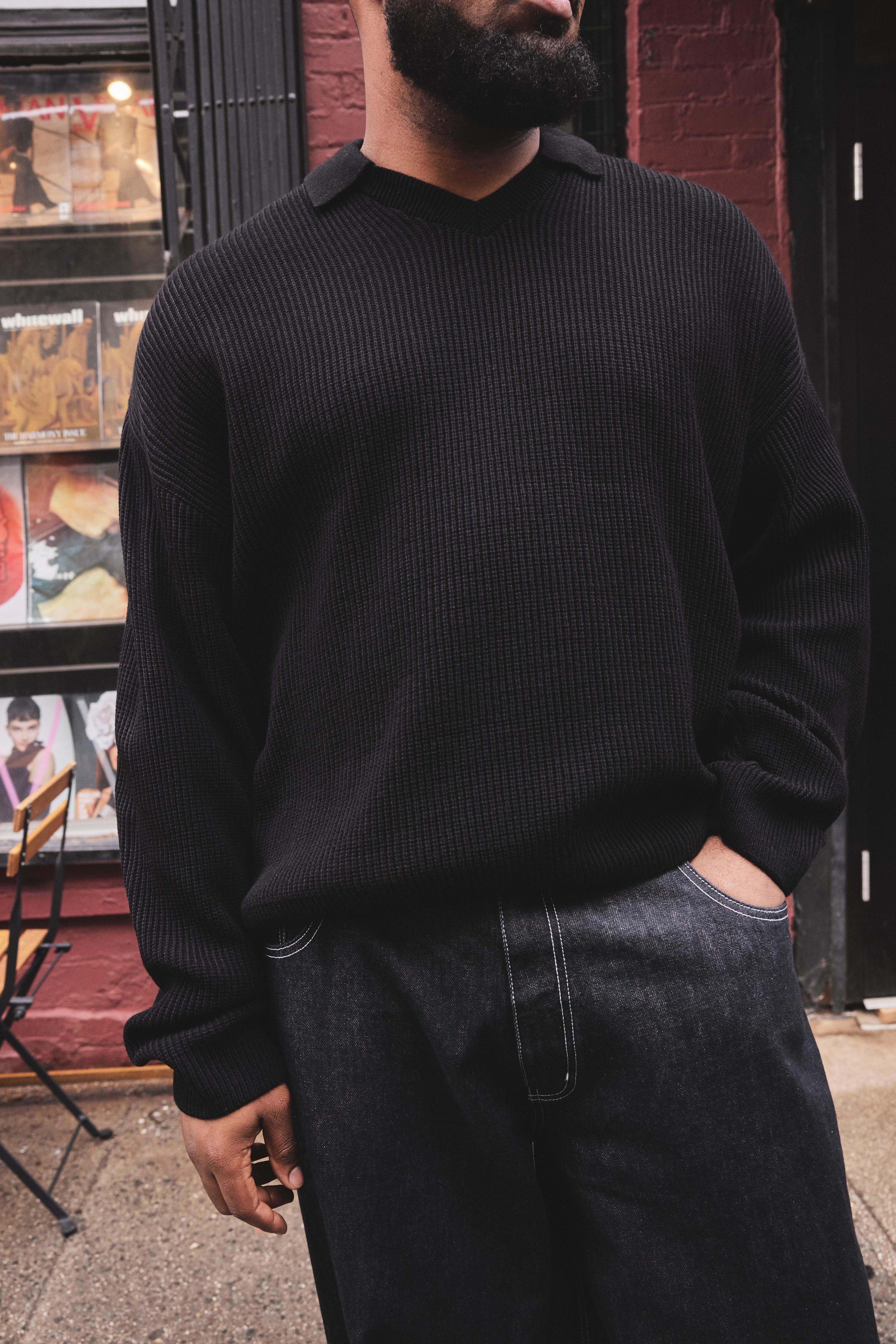 Mens Black Plus Oversized Boxy Double Collar Detail Knitted Jumper, Black Product Image