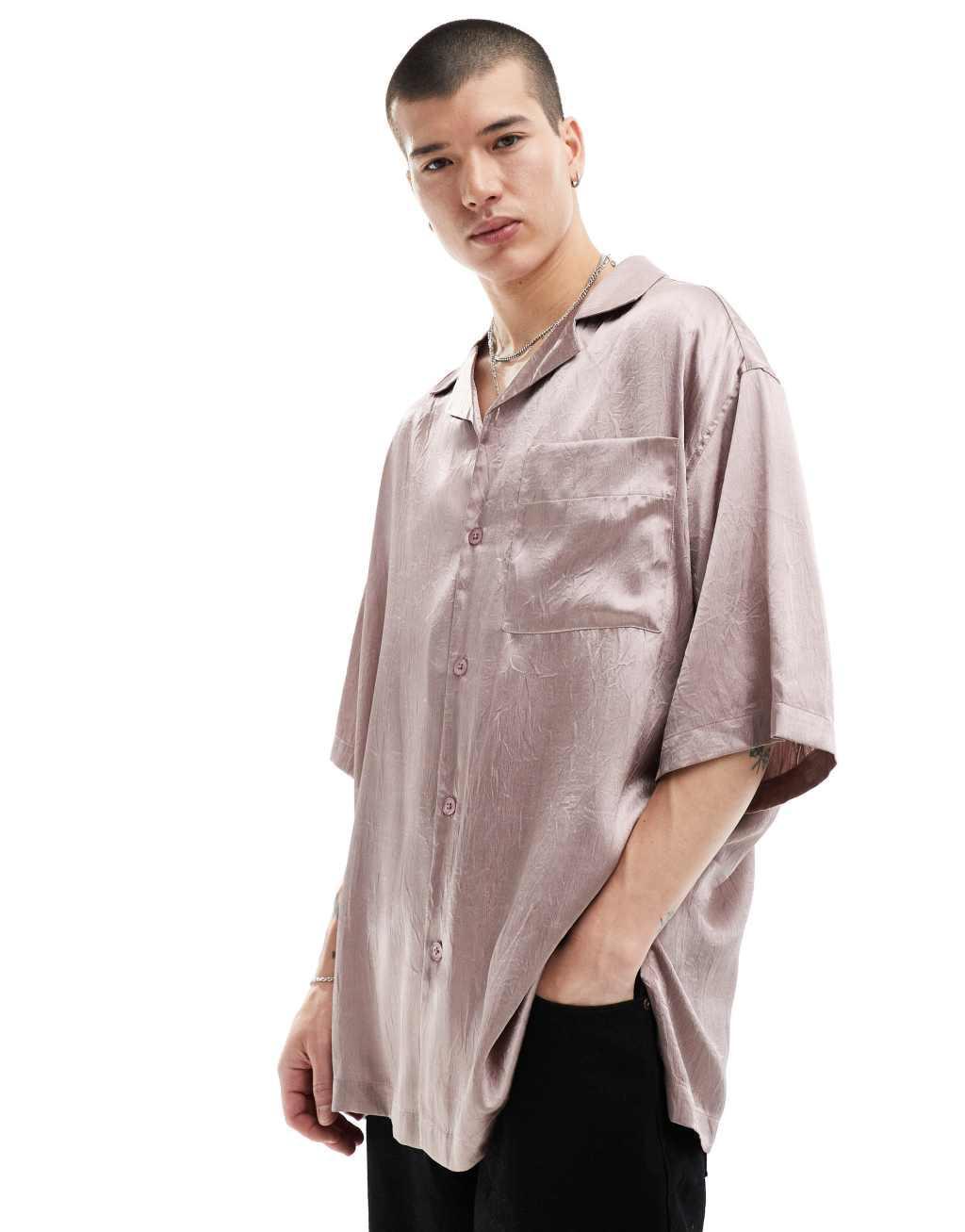 ASOS DESIGN short sleeve oversized bowling shirt with revere collar in dusty pink Product Image