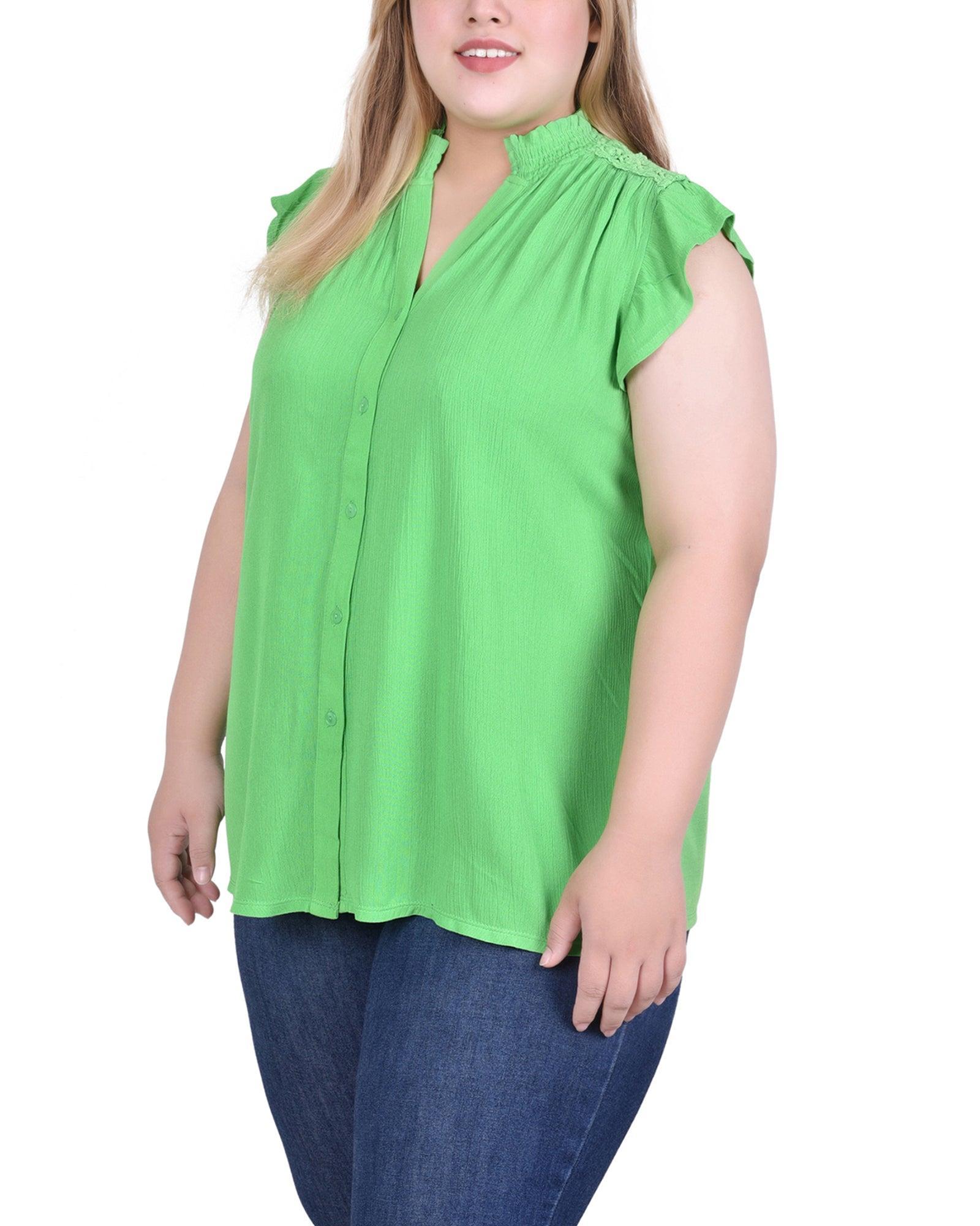Green Short Flutter Sleeve Crepon Blouse - Plus Size Product Image