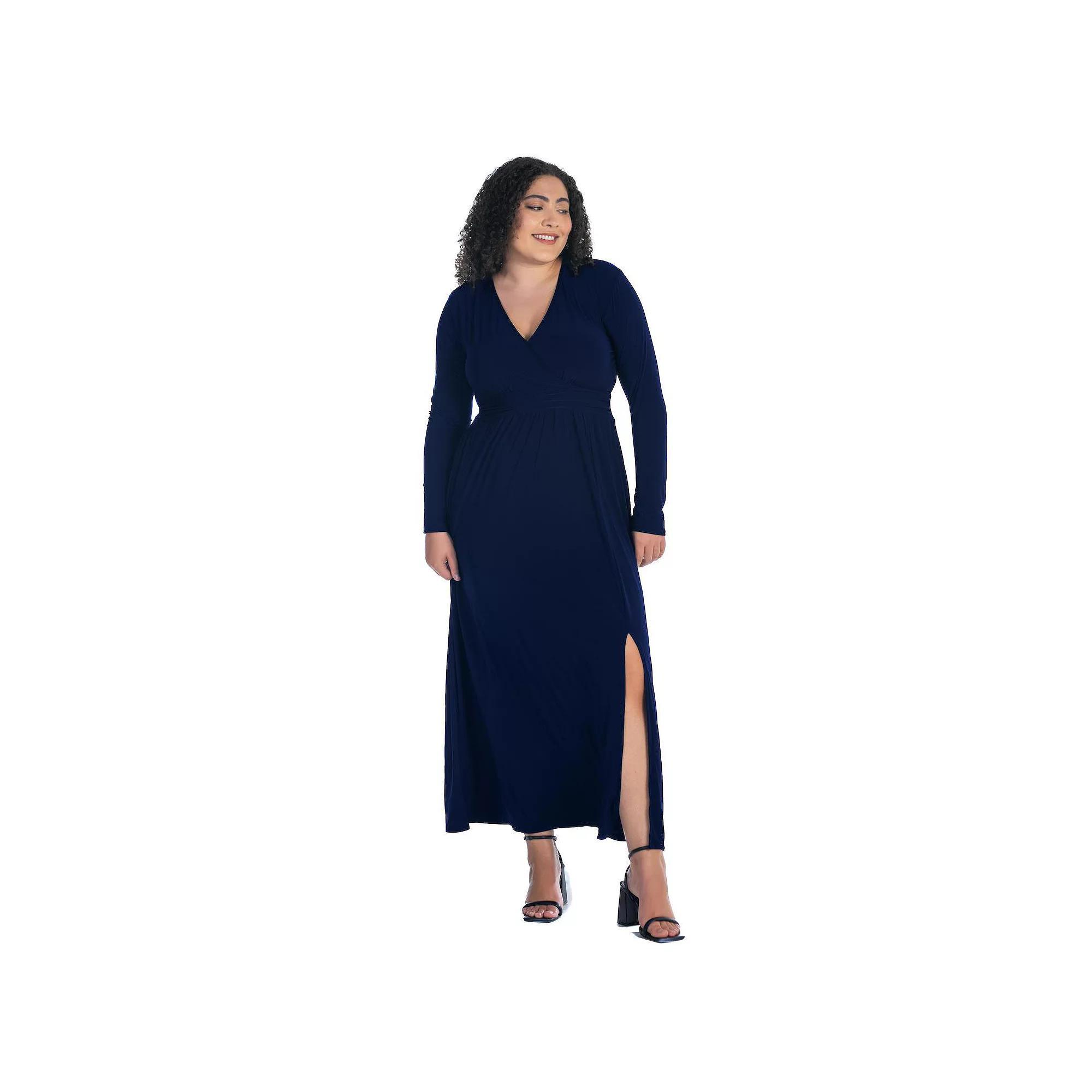 Plus Size 24Seven Comfort Apparel Long Sleeve Side Slit Maxi Dress, Women's, Size: 2XL, Blue Product Image