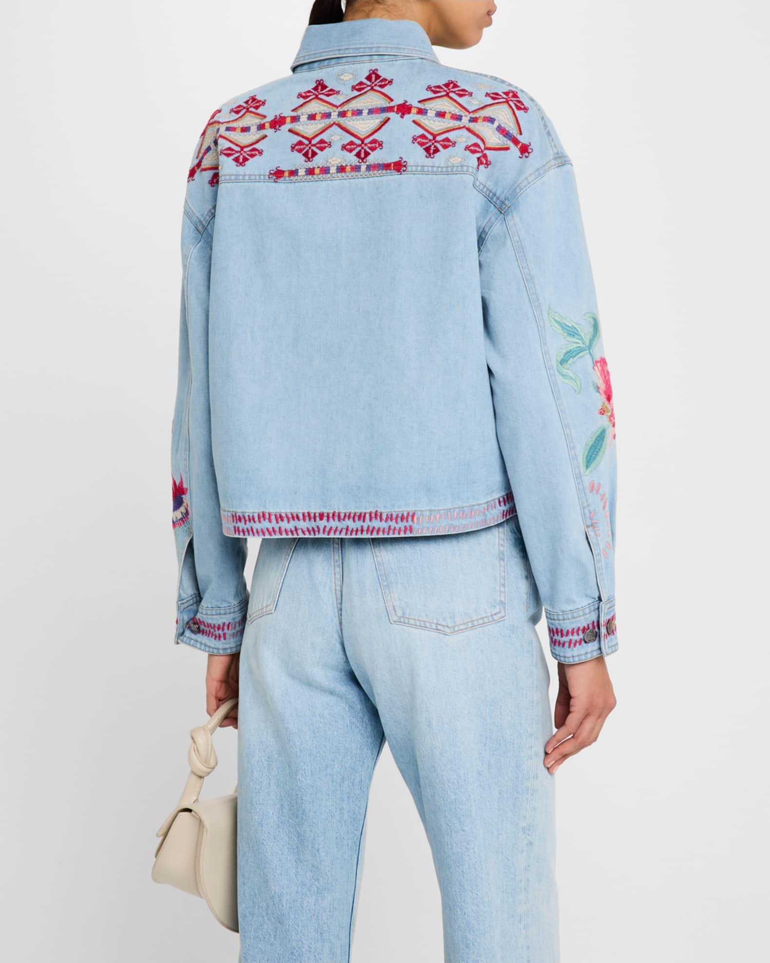 Cropped Floral-Embroidered Denim Jacket Product Image