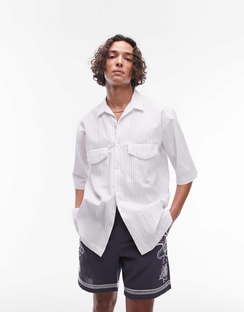 Topman short sleeve relaxed striped double pocket shirt in white Product Image