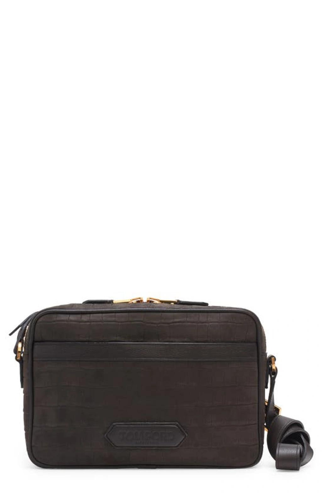 TOM FORD Croc-effect Nubuck And Full-grain Leather Messenger Bag In Brown Product Image