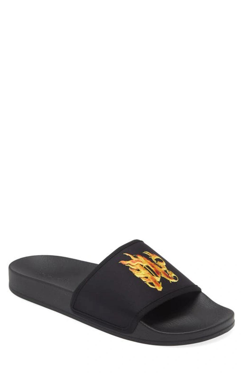 PALM ANGELS Flame Monogram-print Slides In Black,orange,gold Product Image