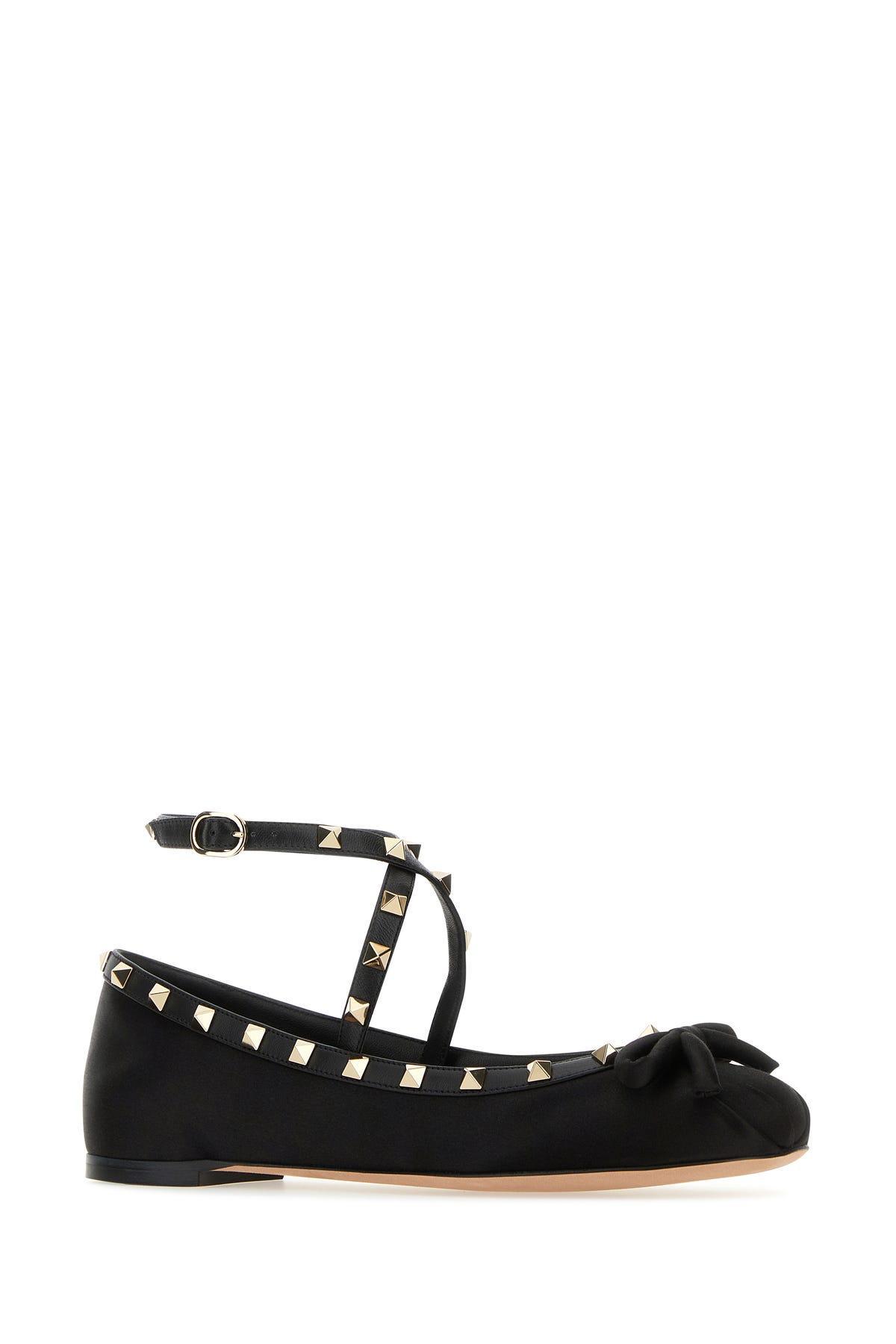 VALENTINO GARAVANI Black Satin Rockstud Ballerinas Product Image