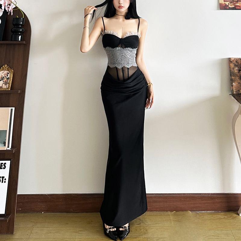 Spaghetti Strap Mesh Panel Maxi Sheath Dress Product Image