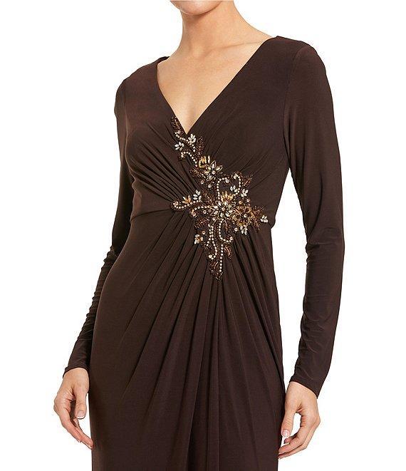 Mac Duggal Ruched Rhinestone Applique V-Neck Long Sleeve Gown Product Image