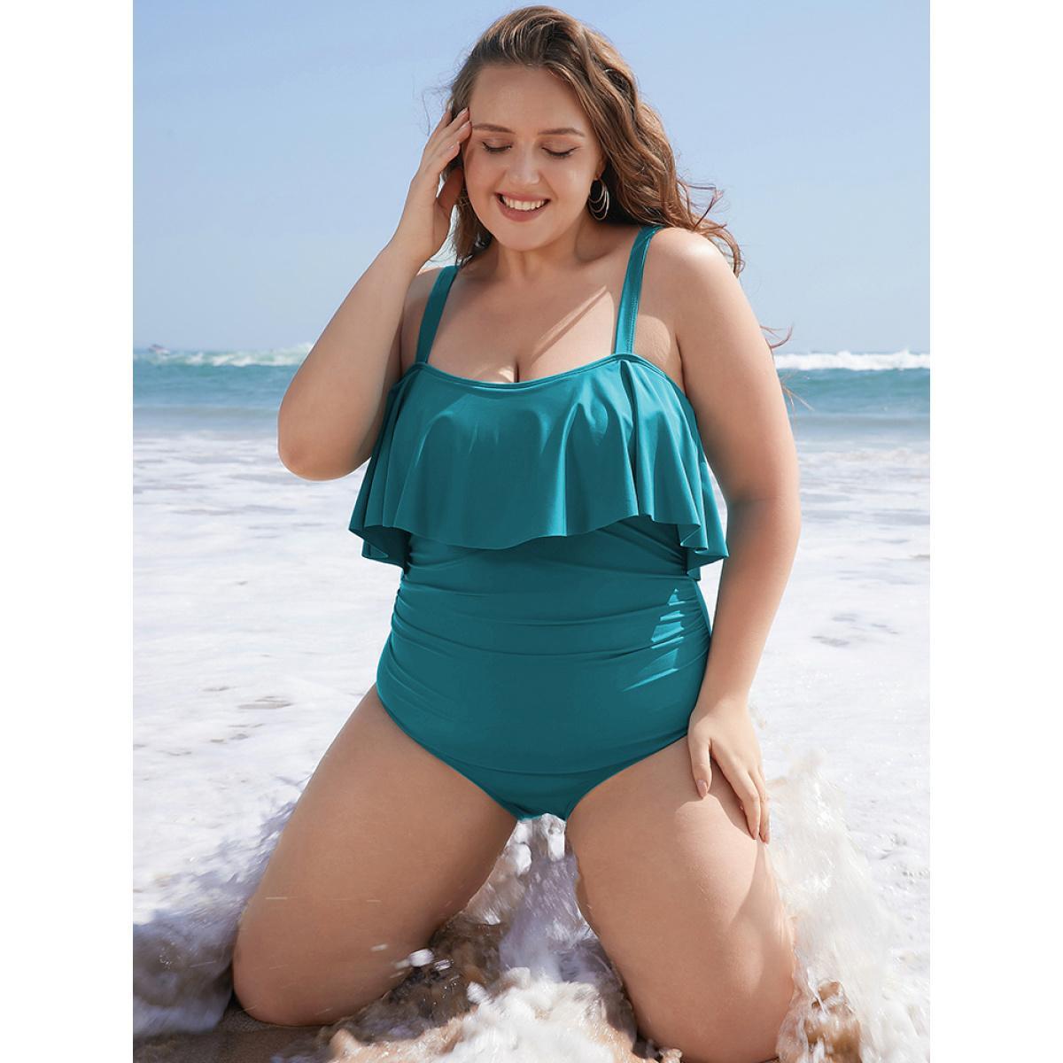 Plus Size Ruffle Trim Sculpt Waist Ruched Front One Piece Swimsuit Women's Swimwear Blue Vacation Adjustable Straps Curve Bathing Suits High stretch One Pieces BloomChic 18-20/2X Product Image