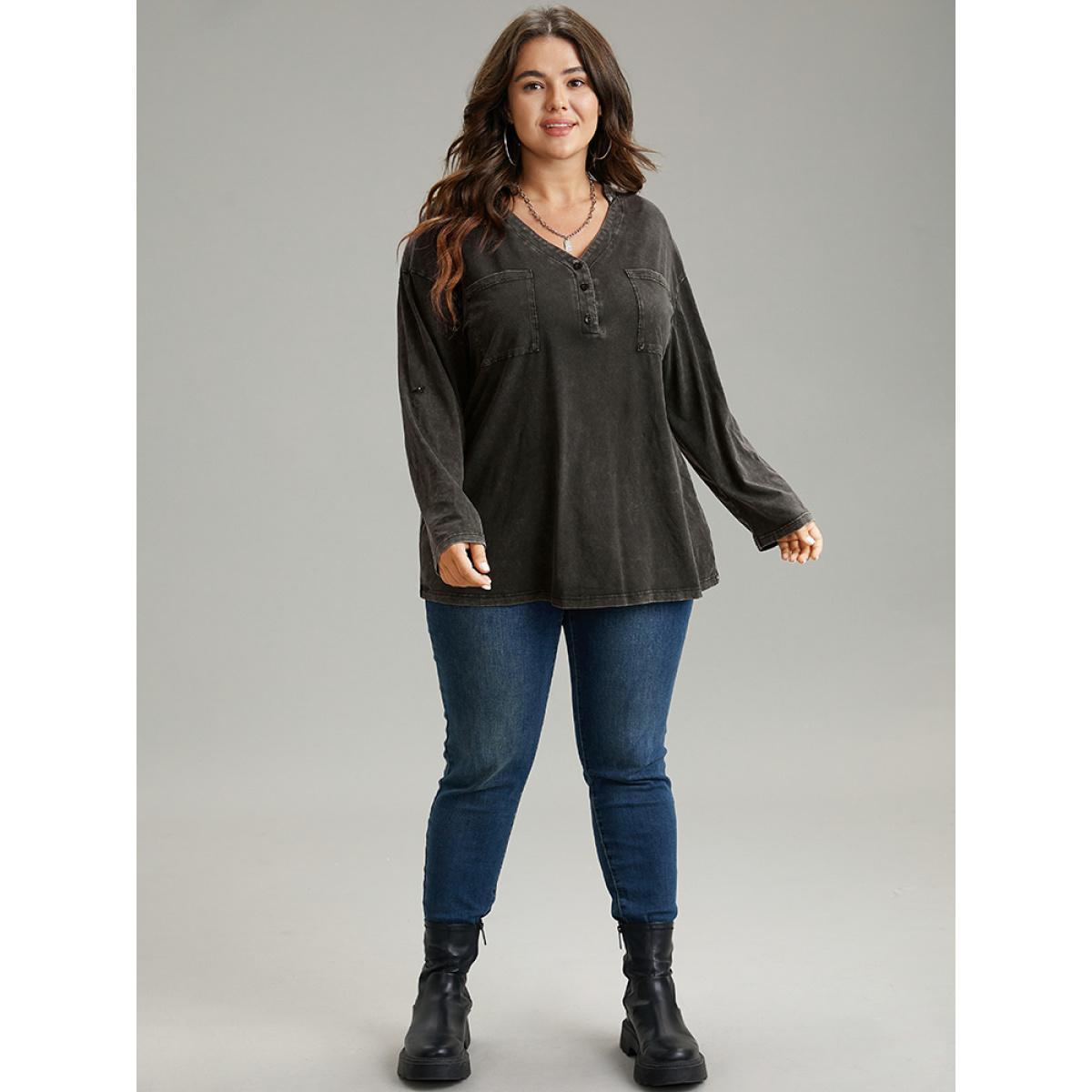 Plus Size Vintage Roll Tab Sleeve Button Up T-shirt Black Women Casual Plain Plain V-neck Dailywear T-shirts BloomChic 18-20/2X Product Image