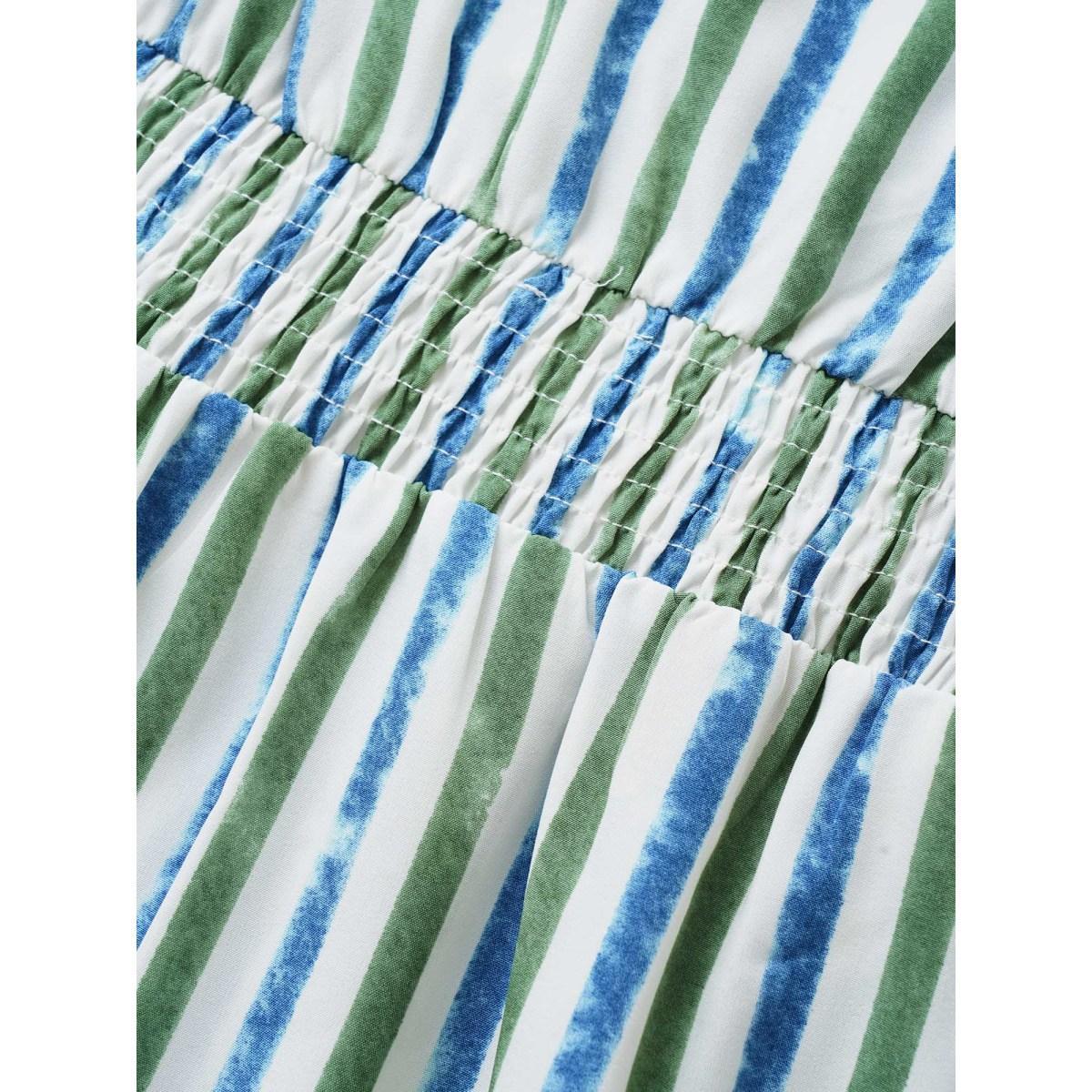 Plus Size Striped Ruffle Cap Sleeve Shirred Dress Mediumblue Women Resort Shirred V-neck Cap Sleeve Curvy BloomChic 18-20/2X Product Image