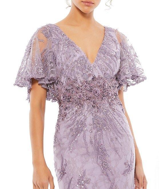 Mac Duggal Embellished Illusion V-Neck Sheer Butterfly Short Flutter Sleeve Sheath Gown Product Image
