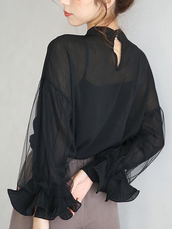 Simple Solid Color Puff Sleeve Mesh Splicing Chiffon Shirt Product Image