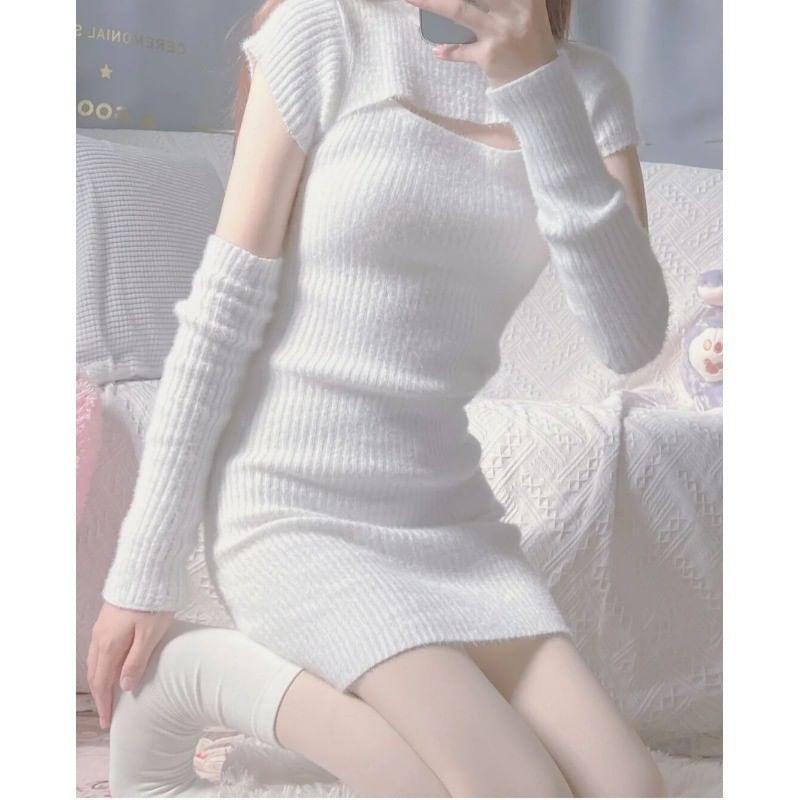 Set: Short-Sleeve Crew Neck Plain Cutout Mini Knit Sheath Dress + Arm Sleeves Product Image