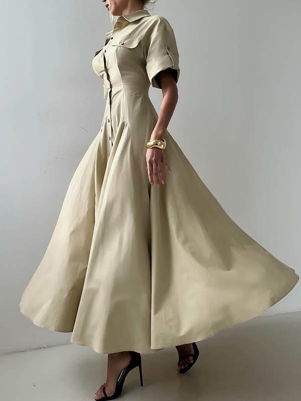 Short Sleeves Buttoned Solid Color Lapel Maxi Dresses Shirt Dress Product Image