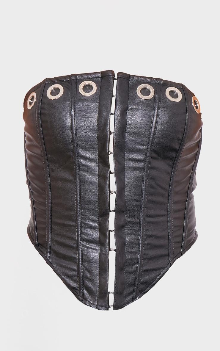 Black Faux Leather Eyelet Detail Boned Hook And Eye Corset Product Image