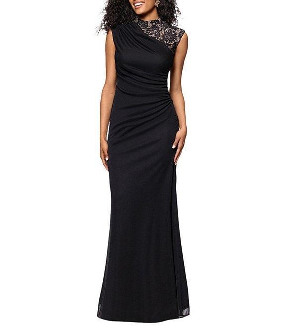 Betsy & Adam Matte Jersey Lace Mock Neck Sleeveless Ruched Sheath Gown Product Image