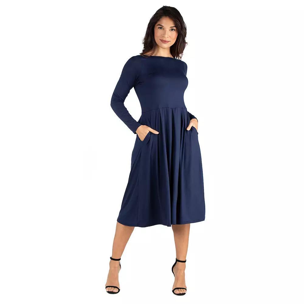 Women's 24Seven Comfort Apparel Long Sleeve Fit & Flare Dress with Pockets,  Product Image