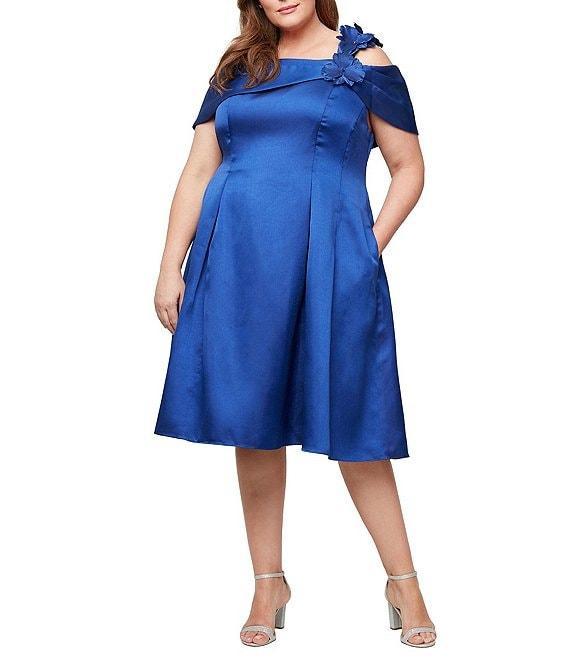 Alex Evenings Plus Size Mikado Off the Shoulder Short Sleeve 3D Floral Detail A Line Midi Dress Product Image