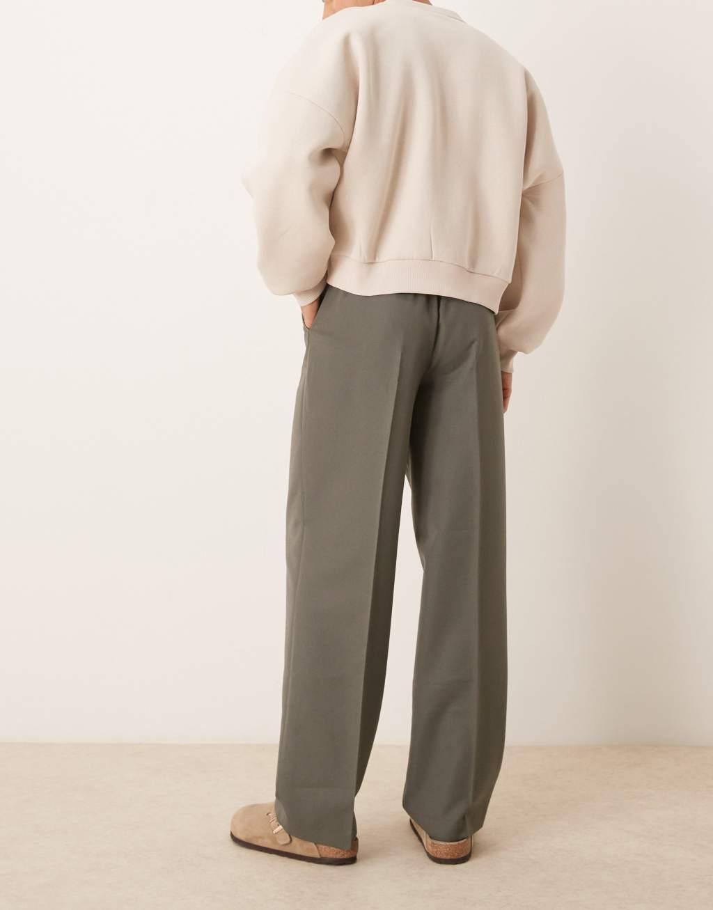 ASOS DESIGN smart wide leg pants with front pleat in muted green Product Image