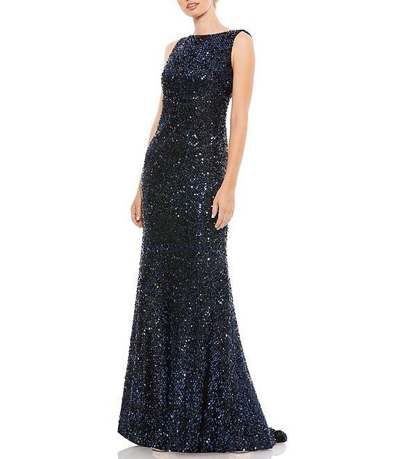 Ieena for Mac Duggal Sequin Drape Back Detail Boat Neck Sleeveless Sheath Gown Product Image