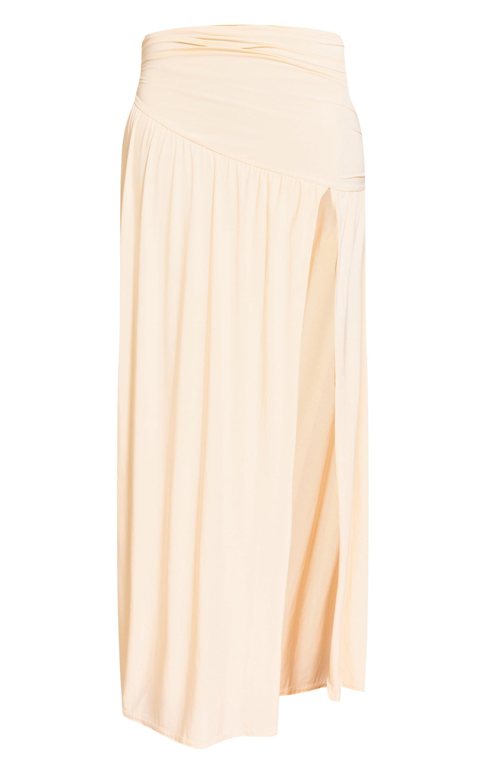 Cream Double Layer Slinky Drop Waist Slit Maxi Skirt Product Image