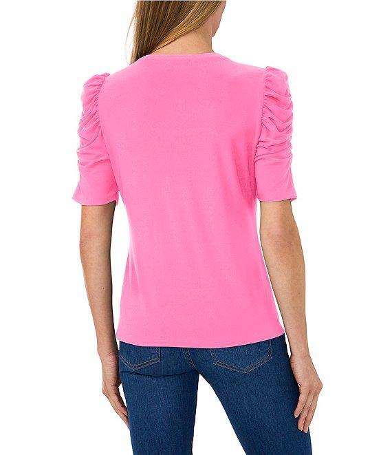 CeCe Round Neck 3/4 Puff Sleeve Button Front Blouse Product Image