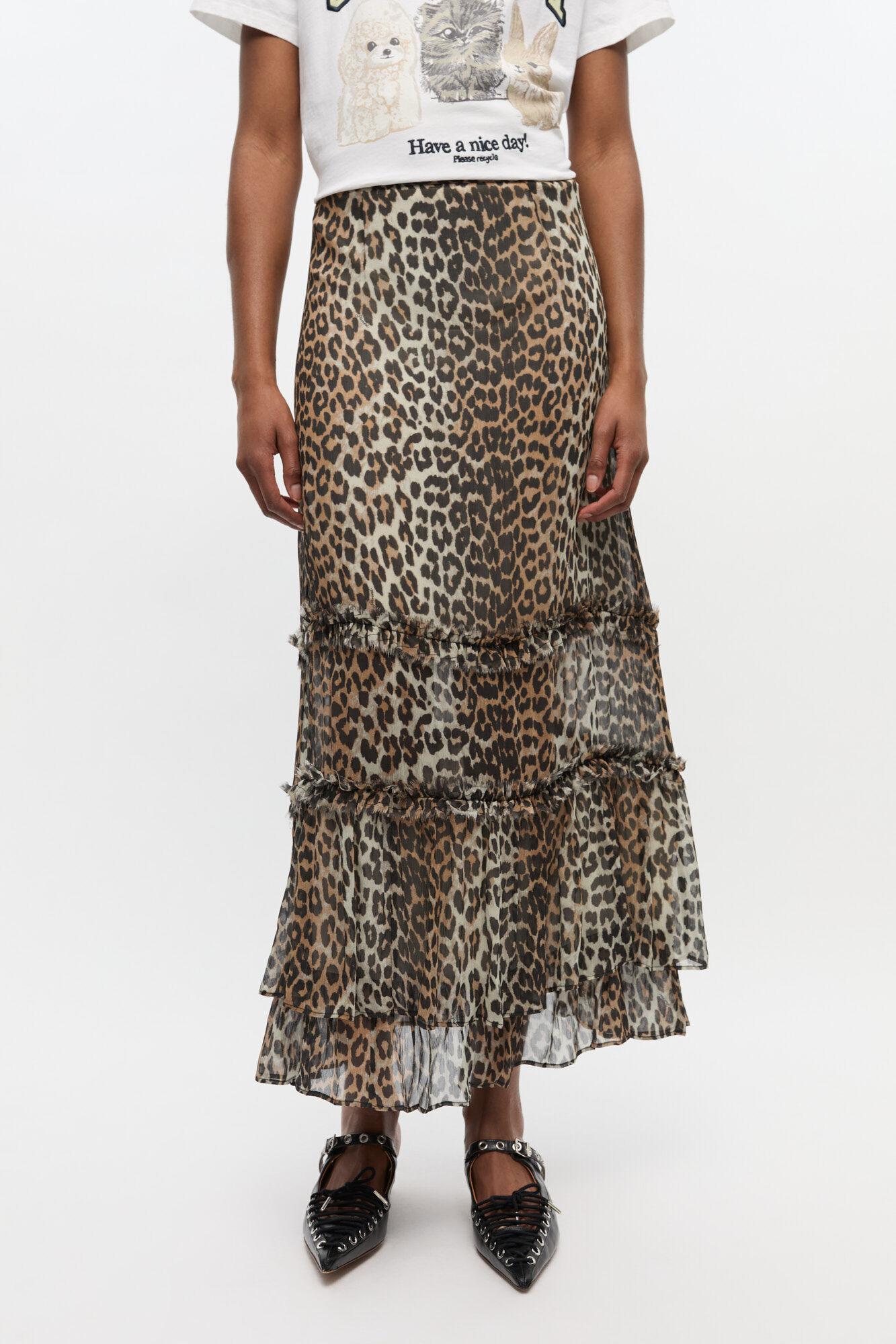 Leopard Print Long Chiffon Ruffle Skirt Product Image