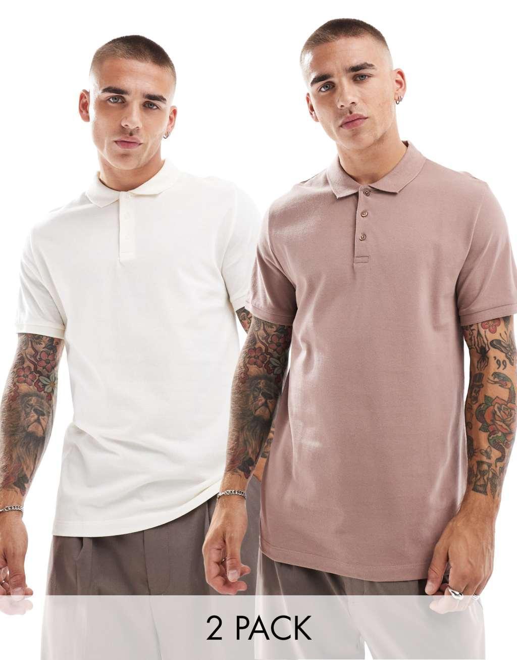 ASOS DESIGN 2 pack pique polos in cream and brown Product Image