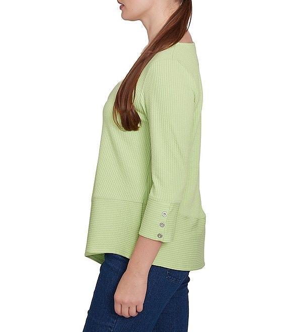Ruby Rd. Knit Cable Stripe Square Neck 3/4 Sleeve Asymmetric Hem Top Product Image