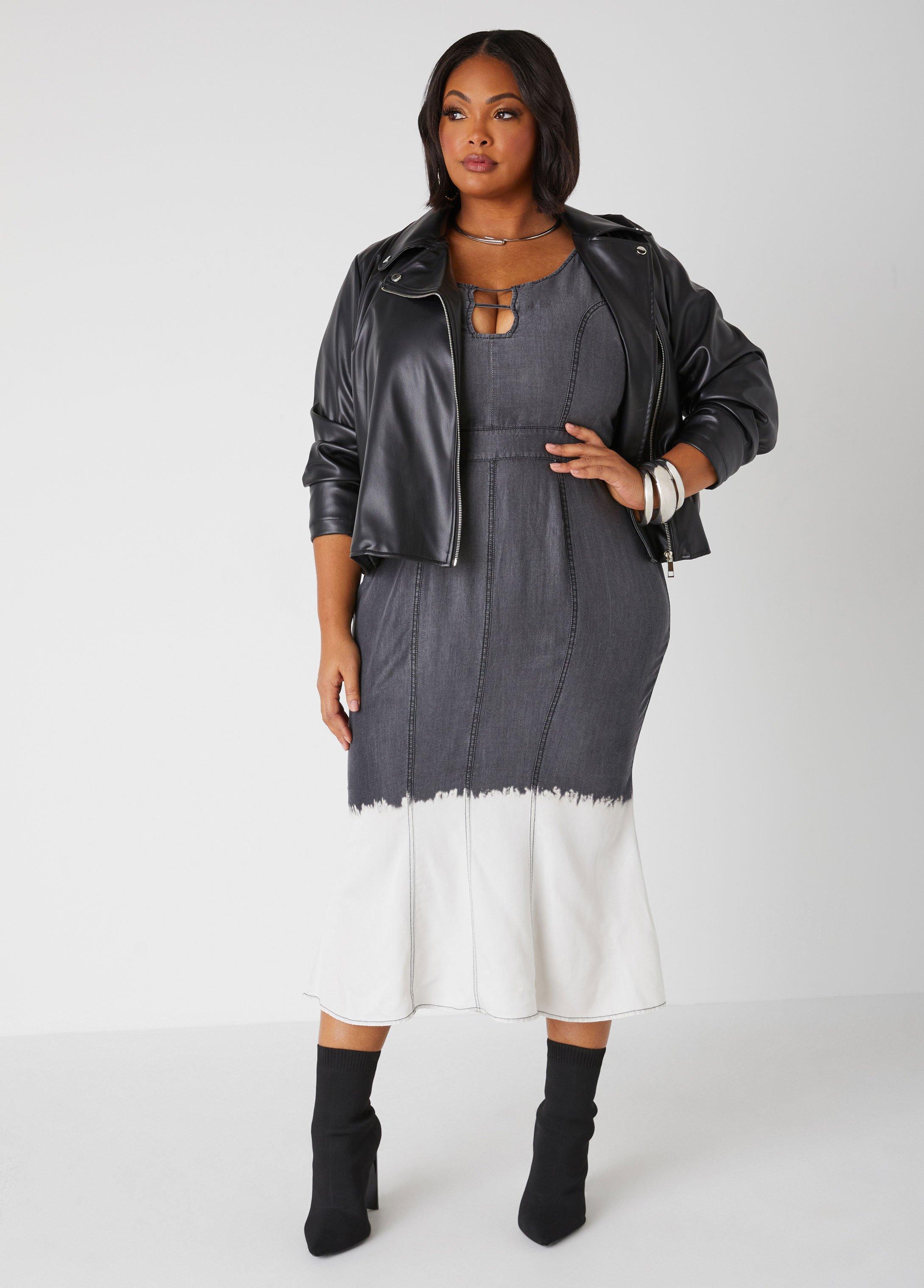 Plus Size Cutout Bleached Chambray Dress Ashley Stewart Product Image