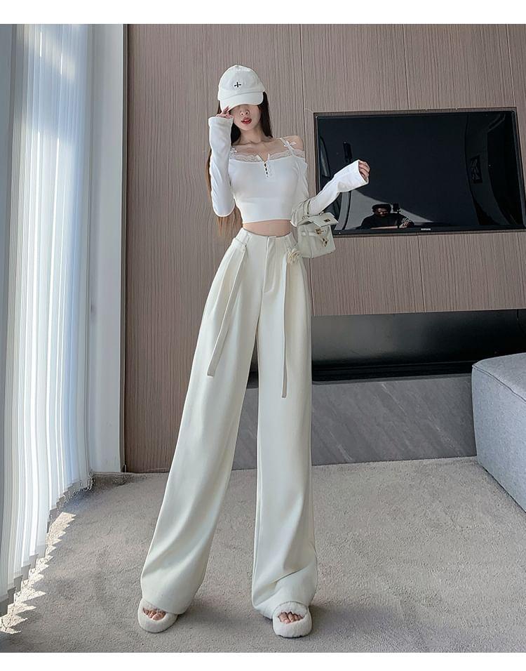 High Waist Plain Flower Accent Wide Leg Suit Pants Product Image