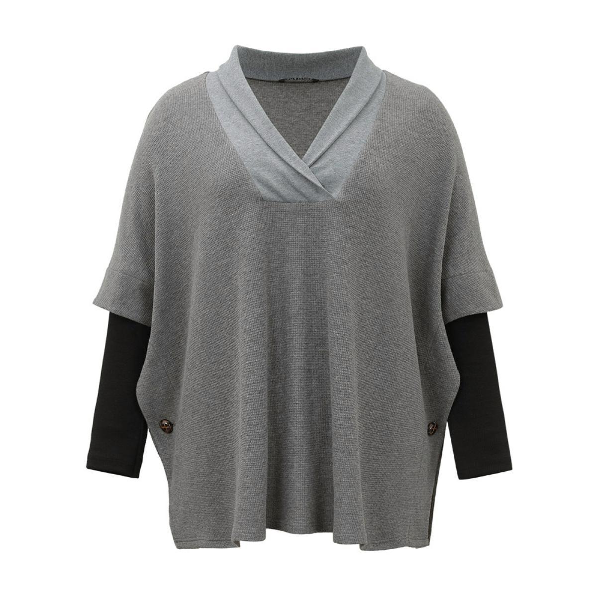 Plus Size Waffle Knit Batwing Sleeve Lapel Collar Sweatshirt Women Gray Casual Patchwork Lapel Collar Dailywear Sweatshirts BloomChic 28/5X Product Image