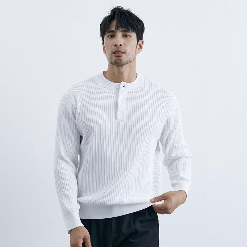 Long-Sleeve Henley Plain Ribbed Knit Top Product Image