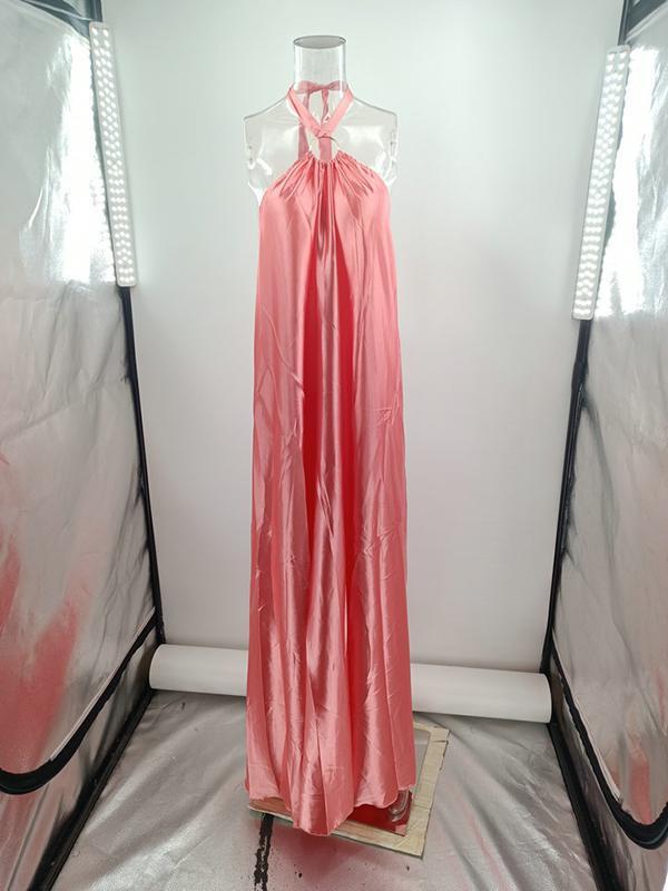 A-Line Loose Backless Solid Color Tied Halter-Neck Maxi Dresses Product Image