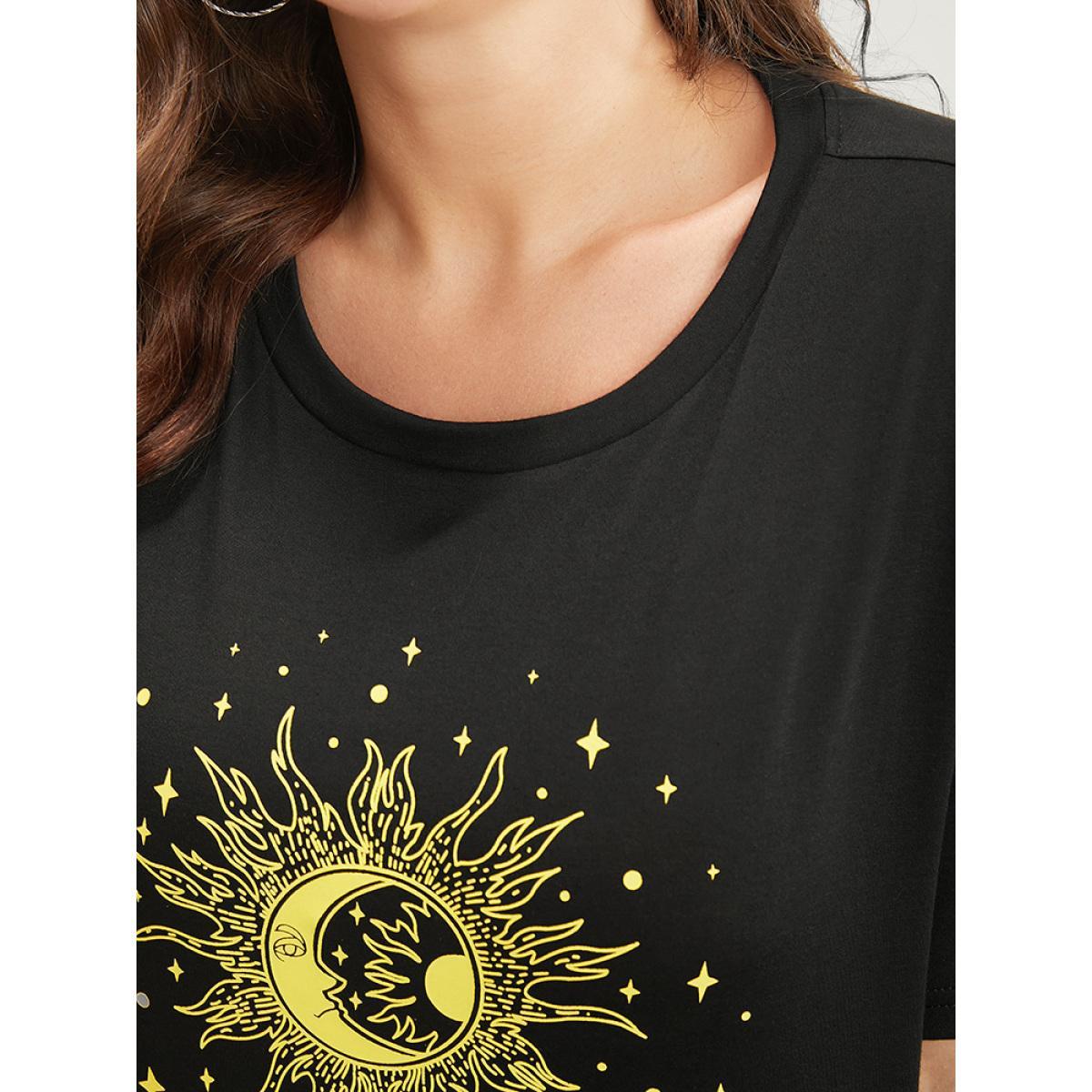 Plus Size Moon And Star Round Neck T-shirt DimGray Women Casual Printed Star and moon Dailywear T-shirts BloomChic 14-16/1X Product Image