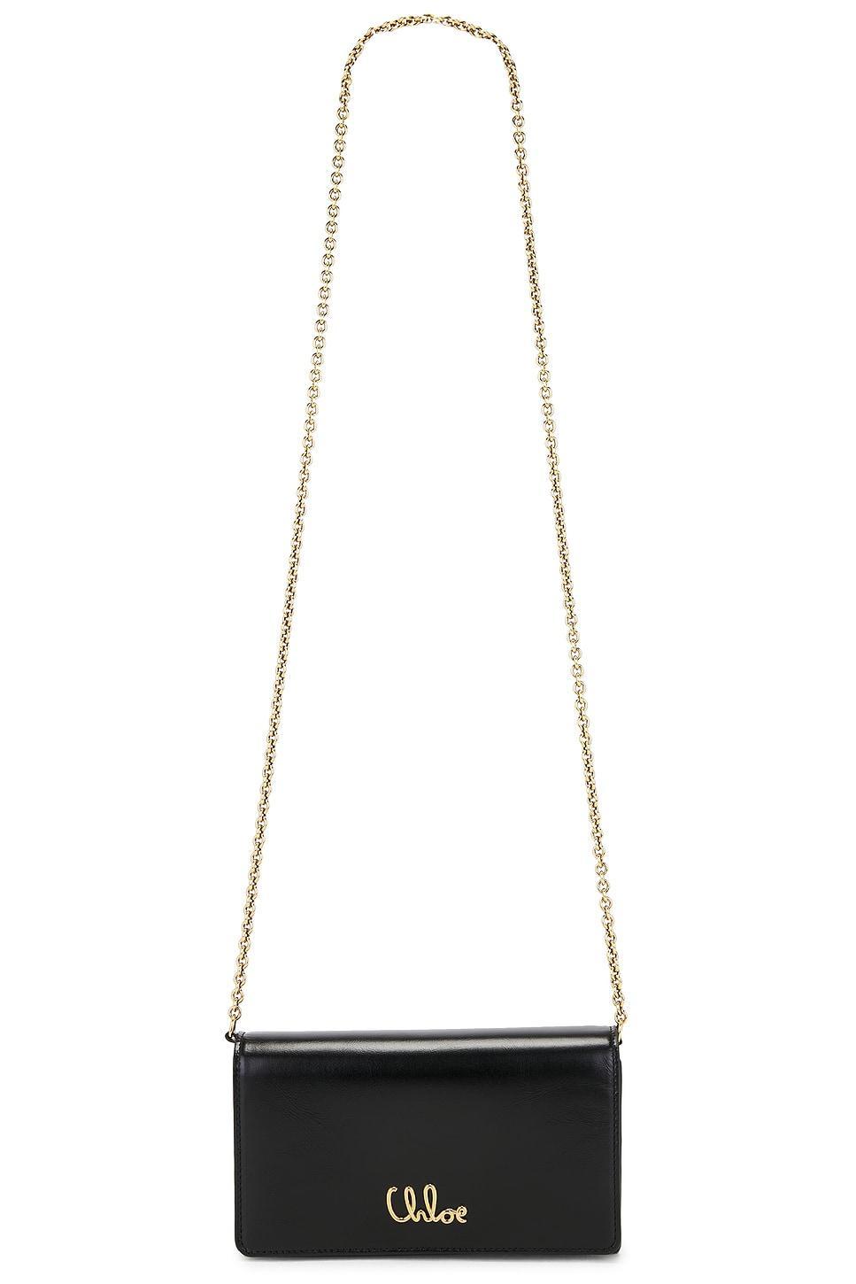 CHLOÉ Iconic Flap Wallet On Chain In Shiny Calfskin In Black Product Image