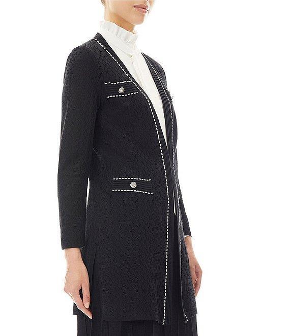 Ming Wang Pointelle Knit Contrast Trim V-Neck Long Sleeve Button Trim Detail Side Slit Jacket Product Image