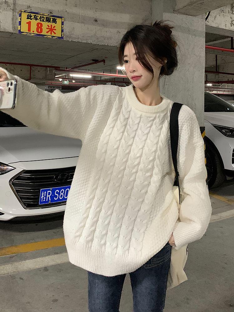 Round Neck Cable-Knit Sweater Product Image