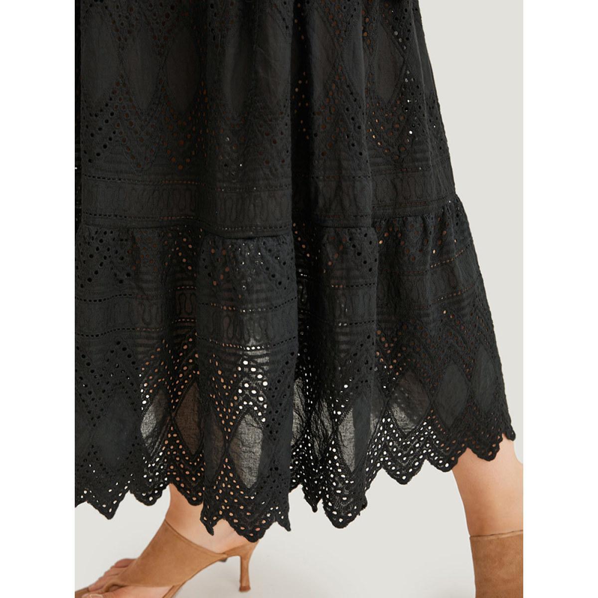 Plus Size Solid Laser Cut Pocket Notched Dress Black Women Elegant Plain Notched collar Short sleeve Curvy Midi Dress BloomChic 14-16/1X Product Image