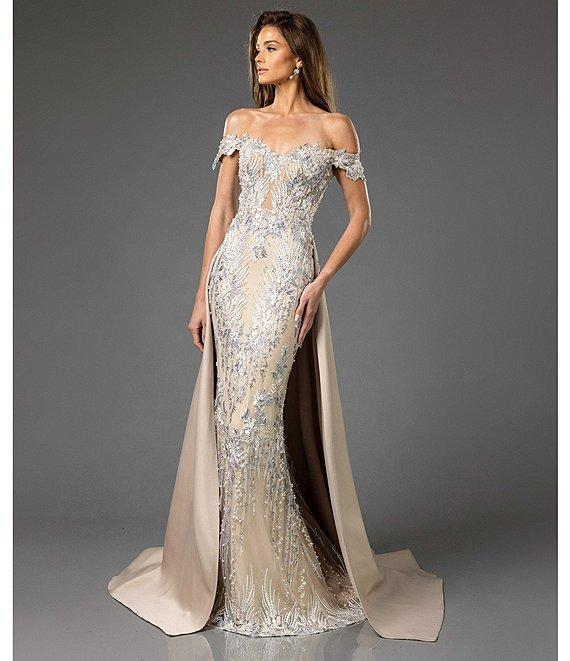 Terani Couture Off The Shoulder Lace Mermaid Gown With Over Skirt Product Image